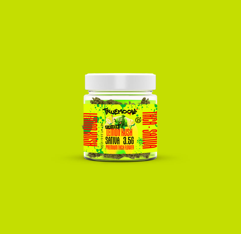 TRUEMOOLA THCA Flower Lemon Kush Sativa 3.5g with vibrant green buds and orange pistils, aromatic and resinous.