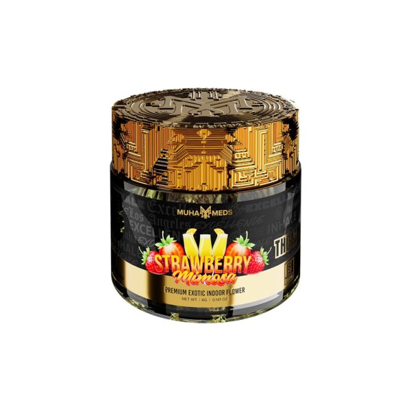 Muha Meds Strawberry Mimosa flower jar, 4 grams of cannabis buds in a clear jar, fresh and aromatic.