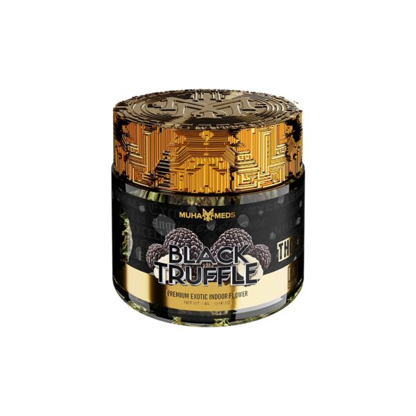 Muha Meds Black Truffle flower jar with 4 grams of premium cannabis flower in a clear container.