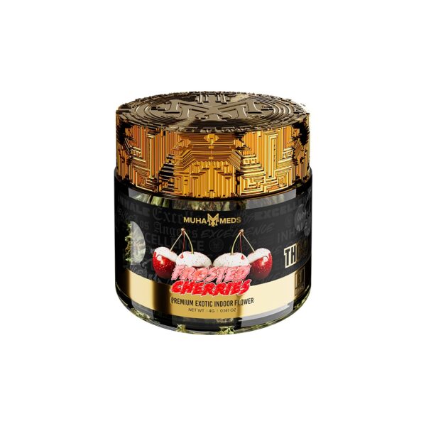 Muha Meds Frosted Cherries 4g flower jar with colorful dried cherry buds and green cannabis leaves in a clear container.
