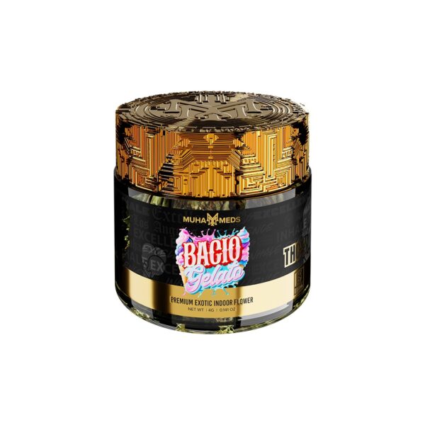 Muha Meds Bacio Gelato cannabis flower jar, 4 grams, premium quality flower with vibrant buds and fresh green leaves.