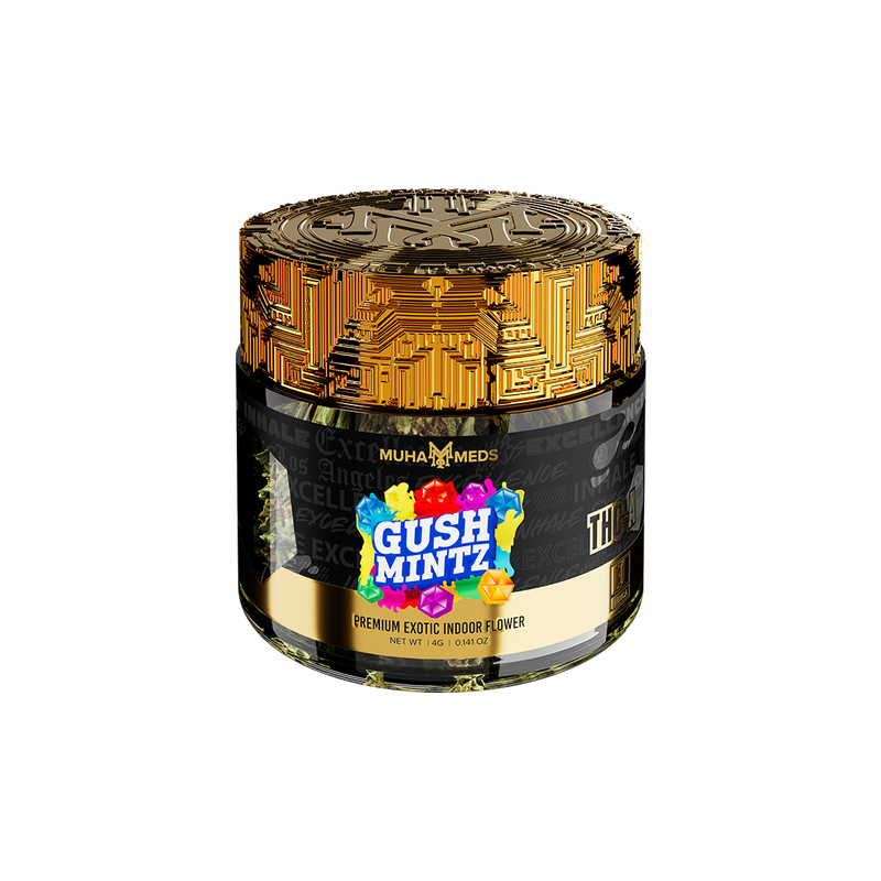 Muha Meds Gush Mintz cannabis flower jar, 4 grams, showcasing fresh, aromatic flower buds in a clear container.