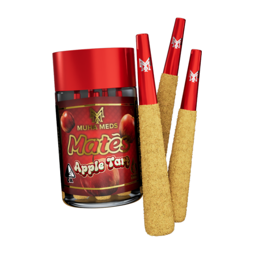 MUHA MEDS Apple Tart hybrid infused preroll with visible cannabis flower and packaging label, ready for use.