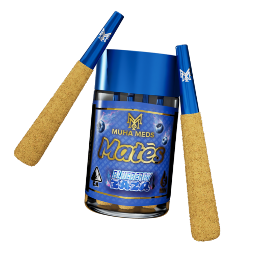 Muha Meds Blueberry Zaza Sativa infused pre-rolls showing a neatly rolled cannabis pre-roll with blueberry label and branding.