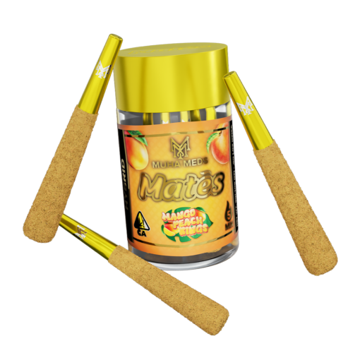 Muha Meds Mango Peach Rings hybrid infused pre-rolls, premium cannabis prerolled joints with fruity mango peach flavor, natural hemp aroma.