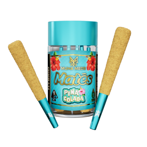 MUHA MEDS Pina Colada hybrid pre-roll, cannabis joint with branded packaging, infused with flavor and hybrid strain.