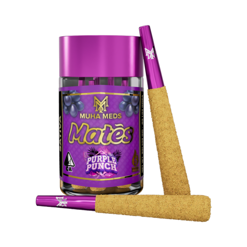 Muha Meds Purple Punch Sativa infused pre-rolls in a clear package, showing the rolled joint and branding.