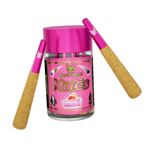 Muha Meds Strawbery Dream Indica pre-rolls showing cylindrical cannabis joints with branding and packaging details.