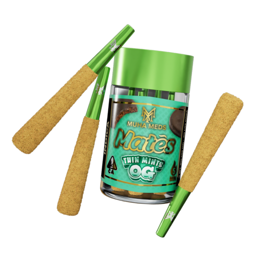 Muha Meds Thin Mints Indica infused pre-rolls, cannabis preroll with mint flavor, in a clear packaging.