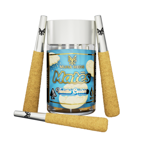 Muha Meds vanilla cookies indica pre-rolls, hand-rolled cannabis joints with vanilla flavor and indica strain visible in the image.