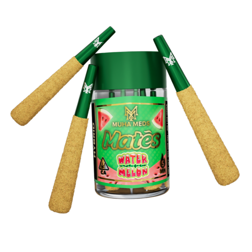 Muha Meds Watermelon Hybrid infused pre-rolls, hand-rolled cannabis joints with watermelon flavor and hybrid strain visible in the image.