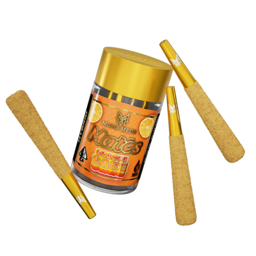 MUHA MEDS Orange Cake hybrid infused pre-rolls, cannabis preroll with orange-flavored packaging and visible pre-rolled joint