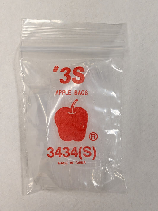 Clear resealable bags from Original Apple Bags, 3/4" x 3/4" size, suitable for storing small items or snacks.