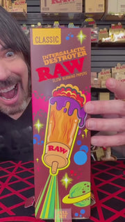 RAW Intergalactic Destroyer Tube cones for rolling, featuring the RAW brand logo and space-themed design on natural rolling paper cones.