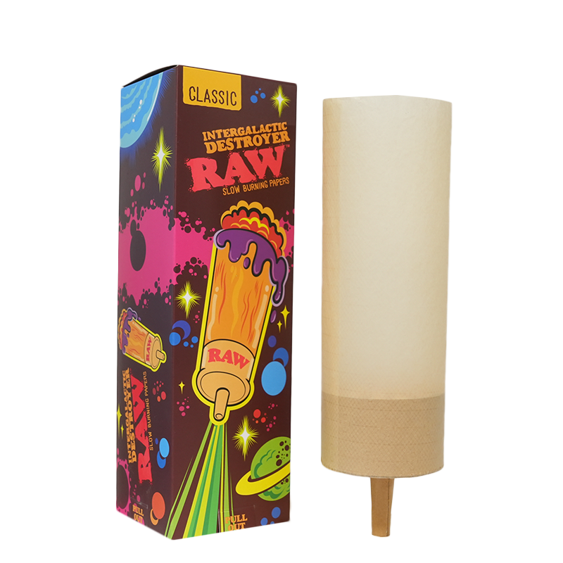 RAW Intergalactic Destroyer Tube cones, natural brown rolling paper cone with printed design, designed for rolling cigarettes or joints.