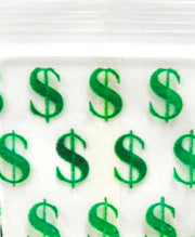 Size 12x12 original Apple Bags from The Baggie Store, featuring a money sign design on clear 1/2 inch by 1/2 inch packaging.