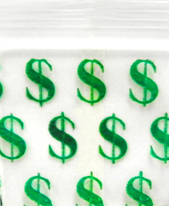 Size 12x12 original Apple Bags from The Baggie Store, featuring a money sign design on clear 1/2 inch by 1/2 inch packaging.