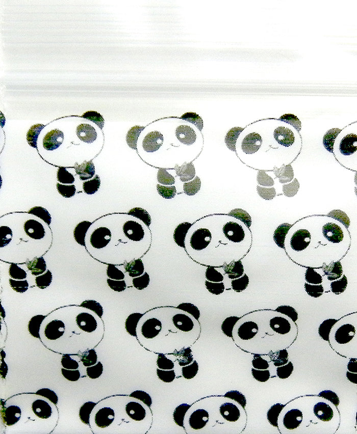 Panda illustration on a 1/2" by 1/2" size original Apple bag from The Baggie Store, featuring a cute panda design.