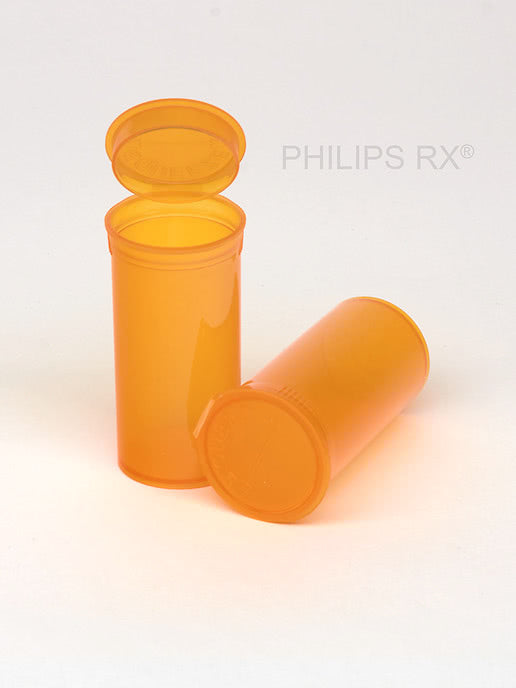 PHILIPS RX Amber 13 dram pop-top container, medication bottle with white cap