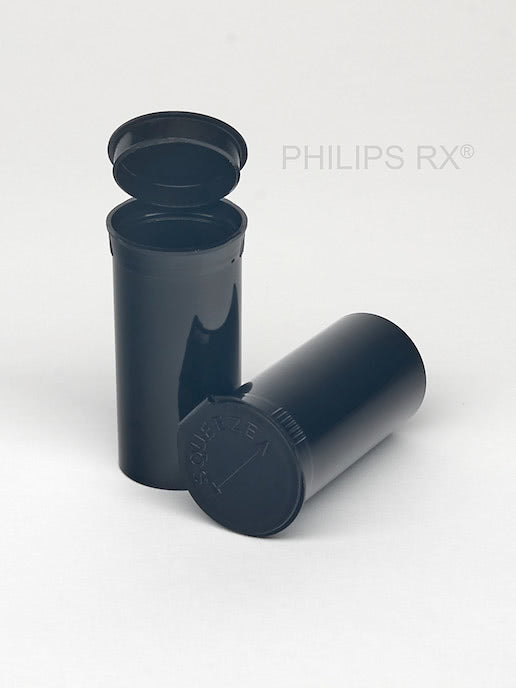 PHILIPS RX Black 13 dram pop-top container, medication bottle with white cap