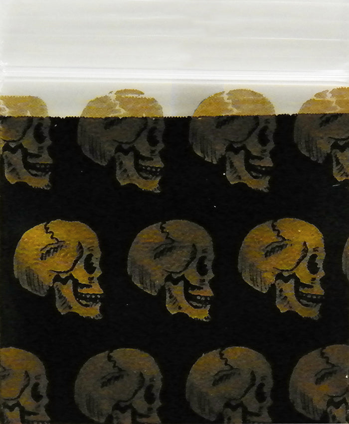 Skull-shaped design on a SIZE 1212 Original Apple Bag from The Baggie Store, measuring 1/2" by 1/2", with a skull graphic.