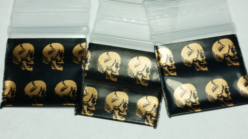 1010 Original Mini Ziplock 2.5mil Plastic Bags 1" x 1" Reclosable Baggies (Gold Skull) - The Baggie Store