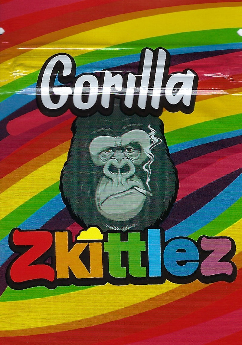 Smell-proof Gorilla Zkittlez Mylar bags from The Baggie Store, 100-pack with secure, airtight storage for cannabis or other items.