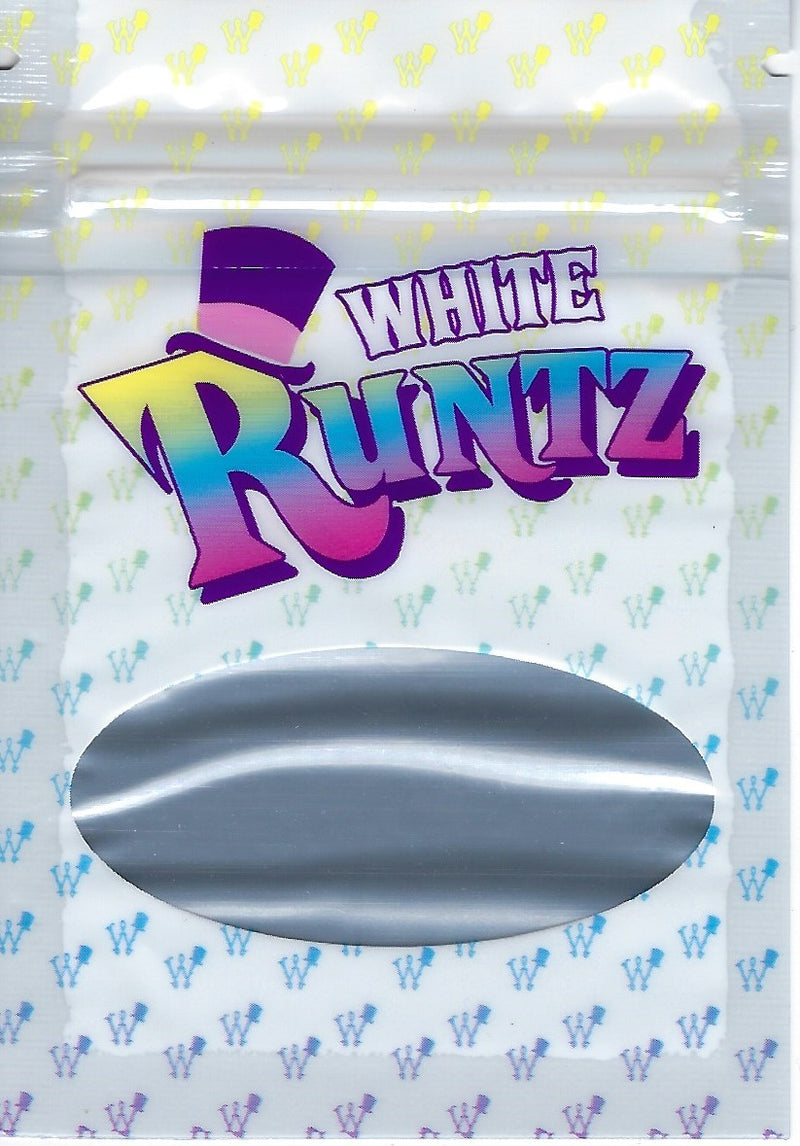 White Runtz smell proof Mylar bags, 100-pack by The Baggie Store, featuring resealable, durable foil packaging for discreet storage.