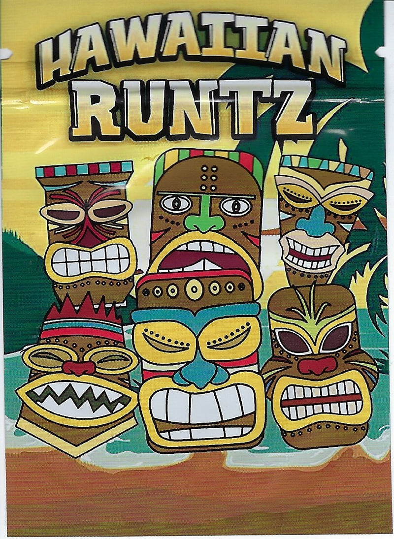 Hawaiian Runtz smell-proof Mylar bags by The Baggie Store, 100-pack, featuring colorful tropical design and resealable closure.