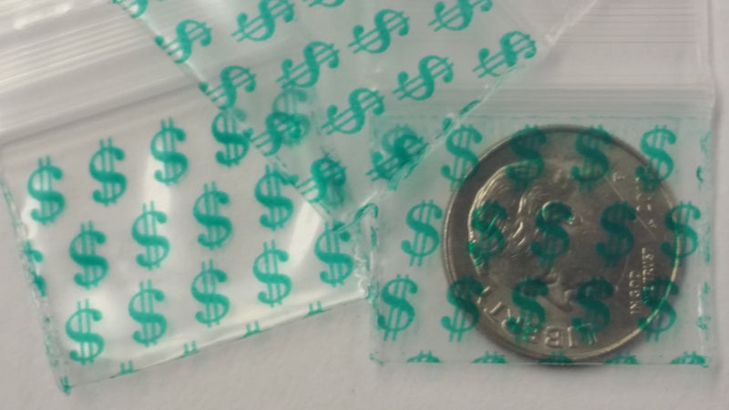 1034 Original Mini Ziplock 2.5mil Plastic Bags 1" x 3/4" Reclosable Baggies (Dollar Sign $) - The Baggie Store