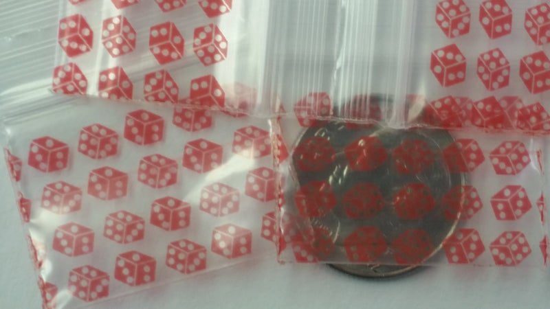 1034 Original Mini Ziplock 2.5mil Plastic Bags 1" x 3/4" Reclosable Baggies (Red Dice) - The Baggie Store