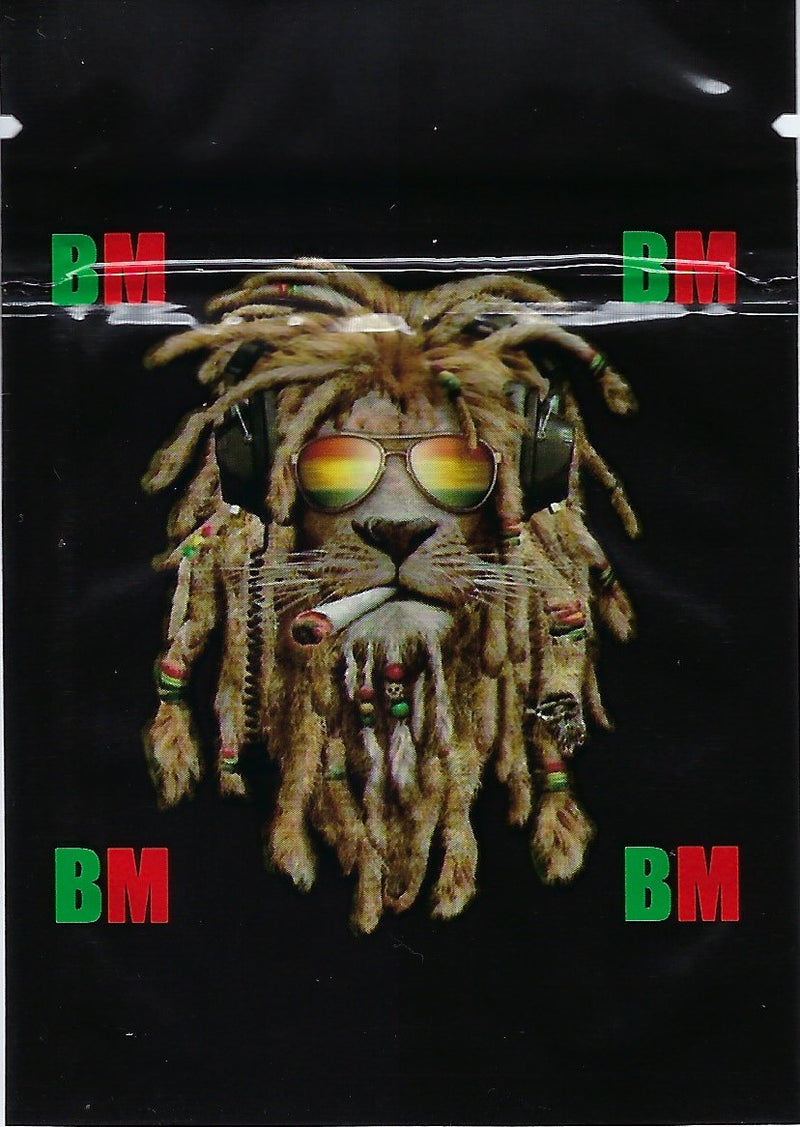 Rasta lion smell proof Mylar bag with vibrant Rasta design, 100-pack, durable storage for herbs or snacks.