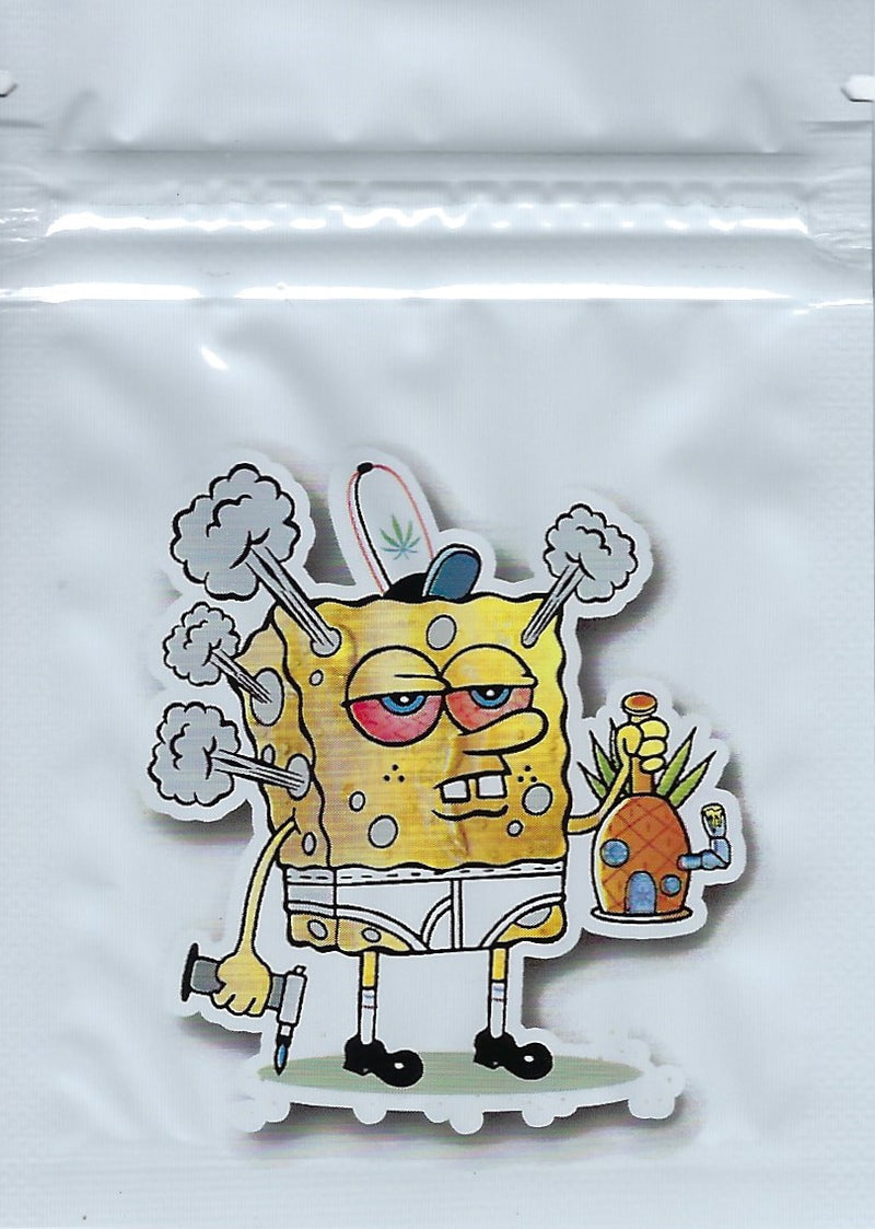 Smell-proof Spongebob Mylar bags, 100-pack, featuring colorful Spongebob design, ideal for secure storage and freshness.