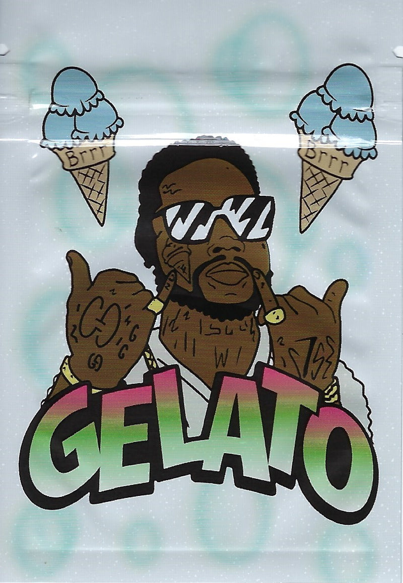 Smell proof Gelato Mylar Bags by The Baggie Store, 100-pack, featuring resealable silver foil design for storage and freshness.