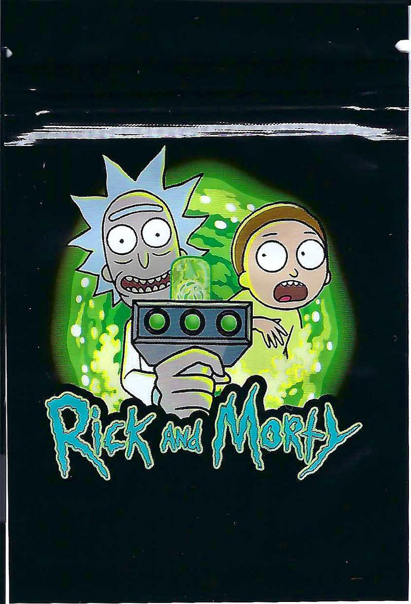 Smell-proof black storage bag featuring Rick & Morty design, 100 bags per pack, by The Baggie Store.