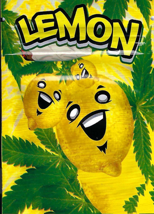 Smell proof lemon-flavored baggie from The Baggie Store, 100-pack, featuring bright lemon design and resealable closure.