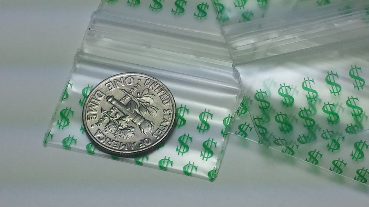 12534 Original Mini Ziplock 2.5mil Plastic Bags 1.25" x 3/4" Reclosable Baggies (Dollar Sign $) - The Baggie Store