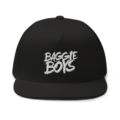 Baggie Boys snapback hat with flat brim and adjustable strap, featuring bold embroidered logo on front for casual streetwear style.