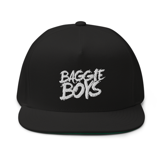 Baggie Boys snapback hat with flat brim and adjustable strap, featuring bold embroidered logo on front for casual streetwear style.