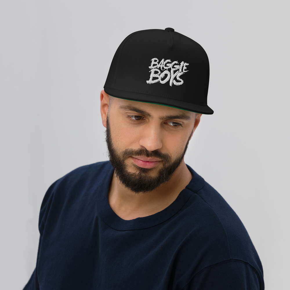 Baggie Boys snapback hat featuring a flat brim and adjustable strap, in black with white logo embroidery.
