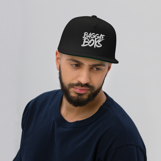 Baggie Boys snapback hat featuring a flat brim and adjustable strap, in black with white logo embroidery.