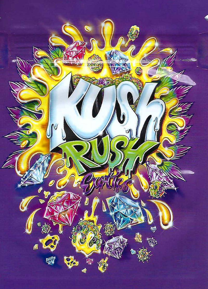 Smell-proof Kush Rush Bags in a pack of 100, featuring durable, resealable storage with the Baggie Store branding.