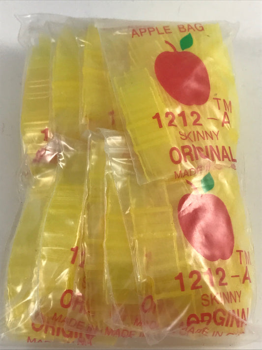 Yellow resealable bags from Original Apple Bags, 1/2" x 1/2" size, designed for secure storage and packaging.