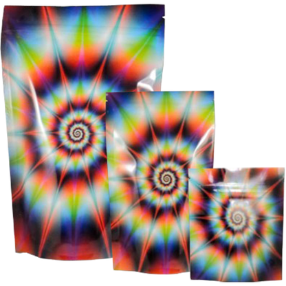 Colorful tie-dye Mylar stealth bag from Cannaline, designed for discreet storage and protection.