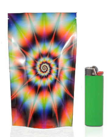 Colorful tie-dye Mylar stealth bag by Cannaline with resealable closure, designed for discreet storage and protection.