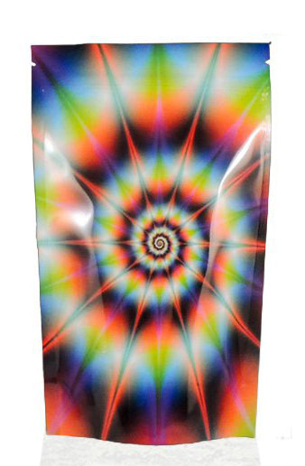 Tie-dye Mylar Stealth Bag by Cannaline showing a colorful, resealable storage bag with a tie-dye pattern designed for discreet storage.