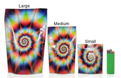 Colorful tie-dye Mylar stealth bag by Cannaline with a sealed zipper for discreet storage and protection.