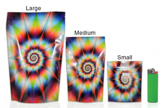 Colorful tie-dye Mylar stealth bag by Cannaline with a sealed zipper for discreet storage and protection.