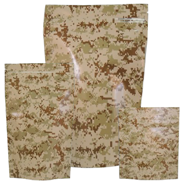 Cannaline Mylar Stealth Bag in tan camo, designed for discreet storage of valuables, featuring durable, lightweight material.