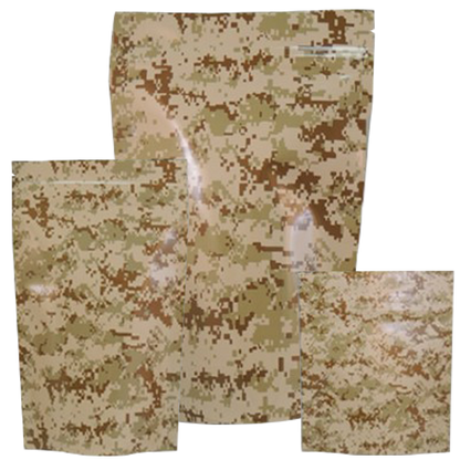 Cannaline Mylar Stealth Bag in tan camo, designed for discreet storage of valuables, featuring durable, lightweight material.